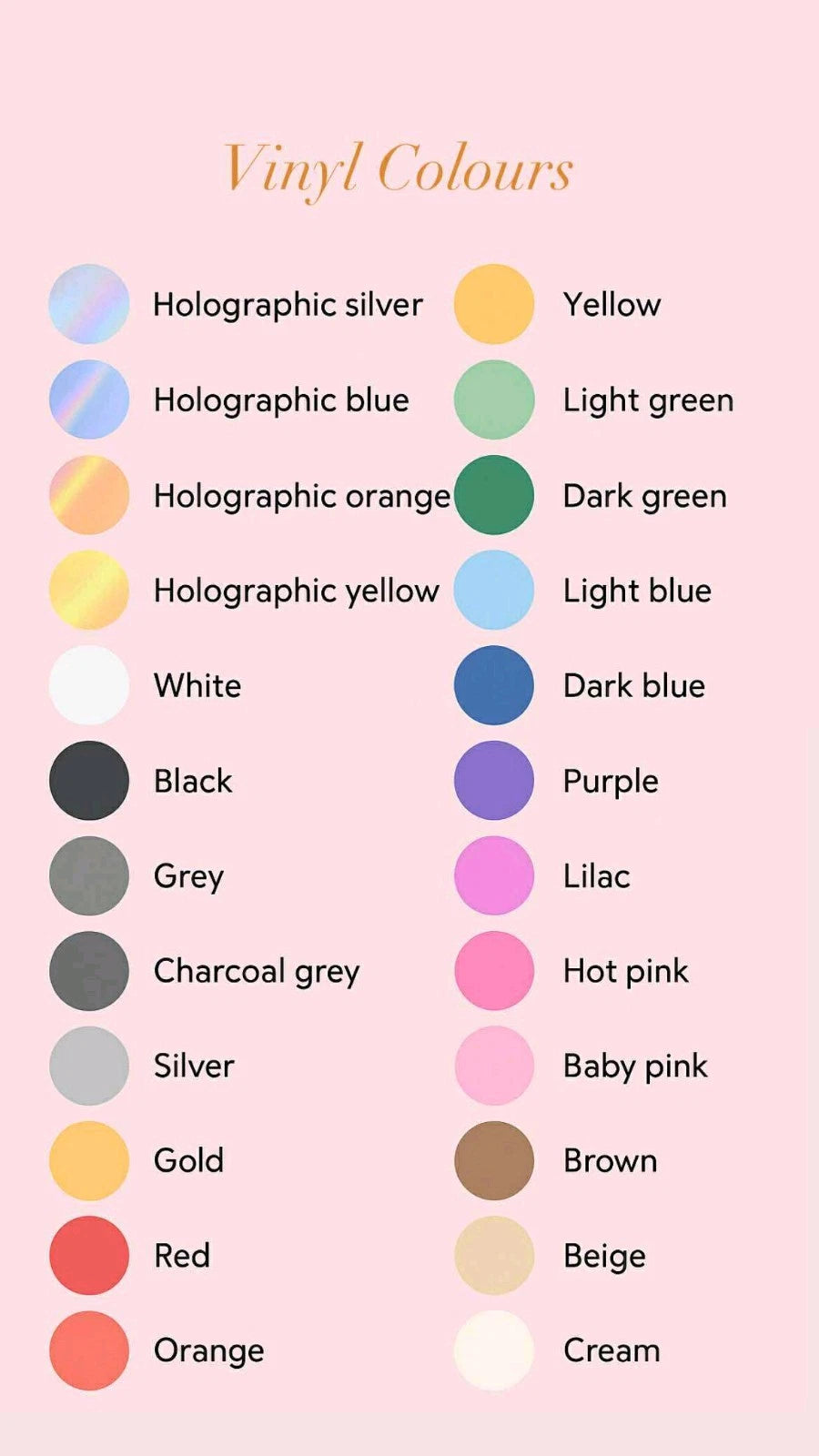 Colour chart for vinyl with various colours for custom concert glasses - Secret Scentzations